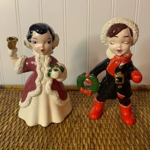 Vintage Christmas Ceramic Candle Holders Carolers Boy Girl Wreath Bell MCM 1950s